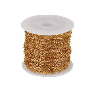 Golden plated flattened copper cross chain roll on white spool for DIY jewelry making