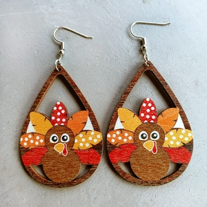 Thanksgiving turkey teardrop wooden earrings with colorful polka dots for women