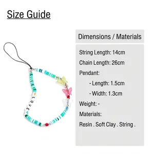 Colorful butterfly phone wrist strap with resin beads and dimensions on white background