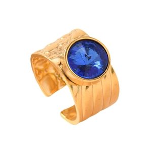 Vintage gold textured titanium steel wide ring with large round blue faceted gemstone