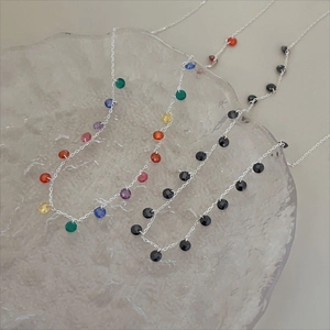Minimalist 925 sterling silver beaded necklace with colorful round gemstones on chain