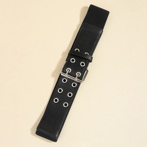 Detail of wide black elastic belt featuring silver double prong buckle and metal eyelets