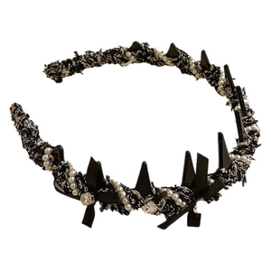 Elegant tweed headband with white pearls, black bows and chic textured weave