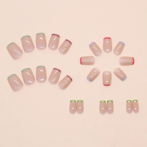Short square-oval press-on nails with colorful French tips in nude pink base and high gloss