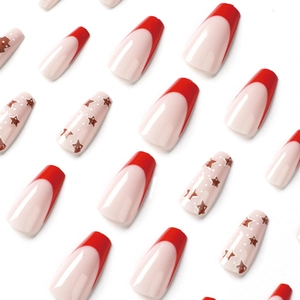 Red French tip coffin press-on nails with Christmas tree and star hand-painted designs