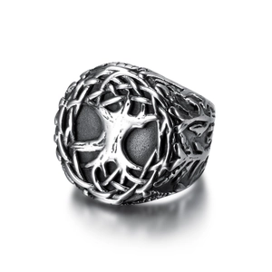 Vintage stainless steel Tree of Life ring with antique silver finish in retro hip hop style