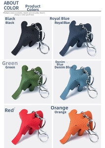 Detailed grid view showing six vibrant colors of leather elephant keychains with silver rings