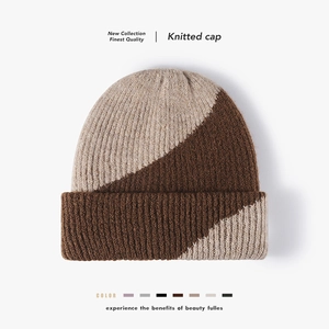 Winter Outdoor Knit Beanie Wool Thickened Warm Patchwork Ribbed Cuffed Fashion Skull Cap For Women Men