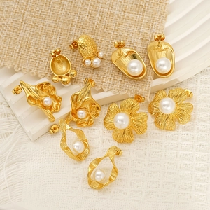 Elegant gold titanium steel floral pearl earrings set for women in minimalist style