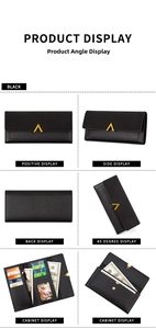 Detailed interior of long PU leather wallet with card slots and golden V decoration