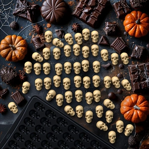 Halloween silicone mold for skull shaped chocolates and treats with spooky theme