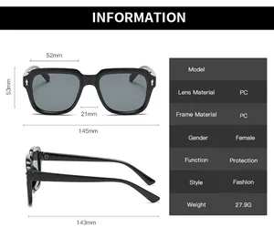 Detailed size specifications for vintage square sunglasses with PC frame measurements