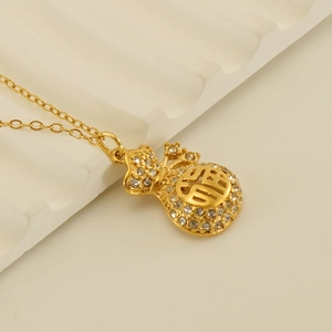 18k gold plated fortune bag necklace with sparkling rhinestones and Fu character