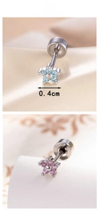 Detail showing 4mm mini zircon flower stud earrings with flat screw back for cartilage