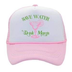 Pink and white Save Water Drink Margs trucker hat with breathable mesh and cocktail print