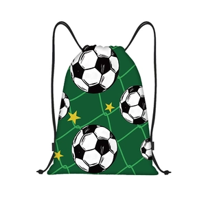 Detail of green polyester drawstring bag with football print and black straps