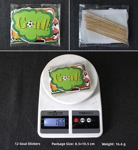 Detail view of 12pcs football theme cupcake toppers with Goal text and wooden sticks