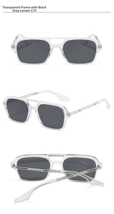 Close-up of double bridge aviator sunglasses with transparent frames and dark gray lenses