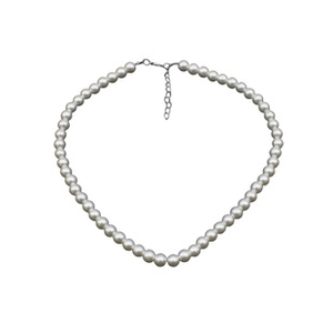 Detail of a white pearl necklace featuring a silver lobster clasp and extension chain