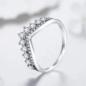 Classic S925 sterling silver crown ring featuring a V-shaped sparkling zircon design