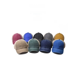 Multi-color range of cotton mesh baseball caps with distressed finish and breathable back