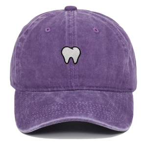 Vintage washed purple baseball cap with white tooth embroidery and curved brim for men