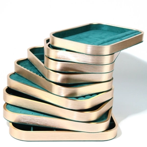 Golden aluminum jewelry display tray set with luxury dark green microfiber lining