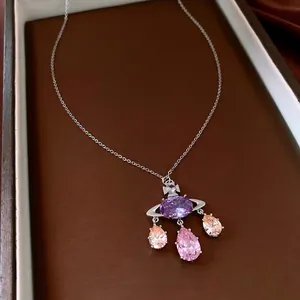 Planet Pendant Necklace Copper Zirconia Purple Oval Crystal Waterdrop Tassels Luxury Fashion Jewelry For Women