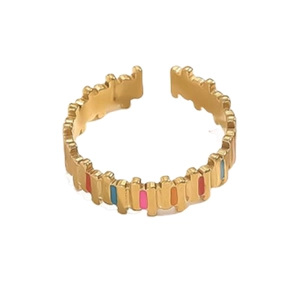 Detail of adjustable 18K gold stainless steel ring with colorful rectangle enamel accents