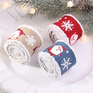Plush faux linen Christmas ribbons with Santa and snowflake patterns in red, blue, wood color