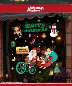 Close-up of static Christmas window stickers with Santa Claus and reindeer on glass