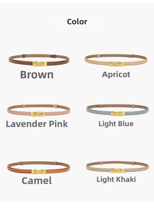 Detail view showing six colors of thin leather belts with gold rectangular buckles