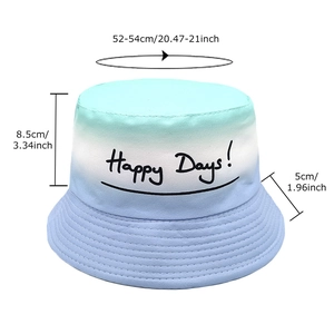 Kids gradient fisherman hat in blue and green with Happy Days text and size specs
