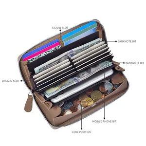 Brown leather zip-around long wallet with multiple card slots and phone pocket