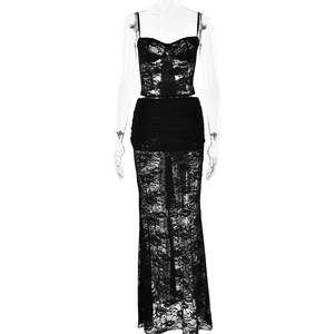 Sexy black lace two-piece set featuring sheer camisole top and matching maxi skirt