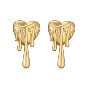 Polished 18K gold plated heart stud earrings with a unique melting liquid metal design