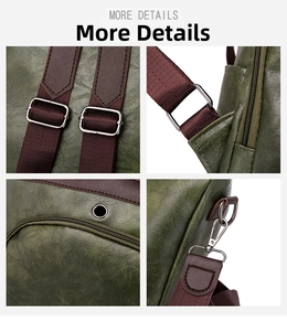 Detailed views of moss green PU leather backpack with vintage metal hardware and straps
