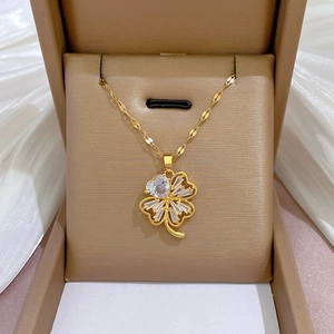 Four Leaf Clover Pendant Necklace Titanium Steel Chain Copper Gold Plated Heart Zircon Elegant Jewelry For Women