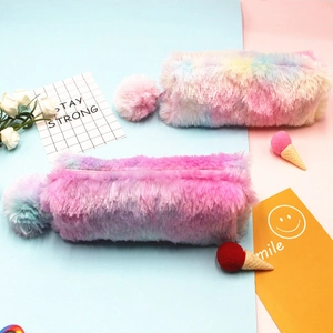 Rainbow plush pencil case with large capacity and fluffy pompom zipper for students