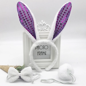 Three-piece bunny set including sequined ears headband, bowtie, and plush ball tail