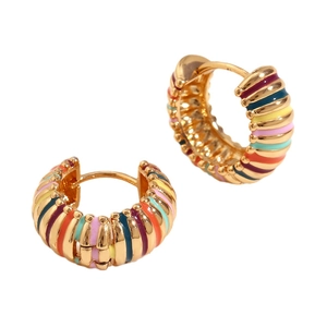 Rainbow striped gold stainless steel hoop earrings with colorful enamel drop oil finish