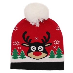 Gestrickte Weihnachtsmütze für Damen mit Rentier- und Schneeflockenmuster und Bommel