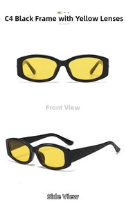 Close-up of square sunglasses with C4 black frame, yellow lenses and quilted texture temples