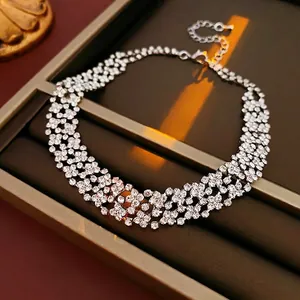 Luxury silver choker necklace with hollow round mesh design and sparkly rhinestones