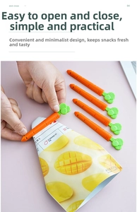 Detail of carrot-shaped sealing clips for food bags, featuring orange and green creative design