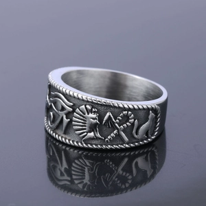 Vintage stainless steel Eye of Horus ring with ancient Egyptian relief and silver finish