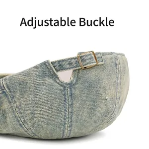 Blue denim beret with adjustable metal buckle for custom fit and vintage wash texture