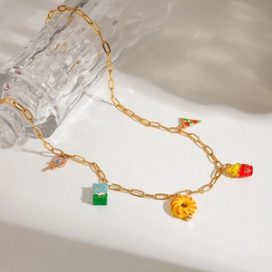 18k gold-plated stainless steel chain necklace featuring colorful food enamel charms