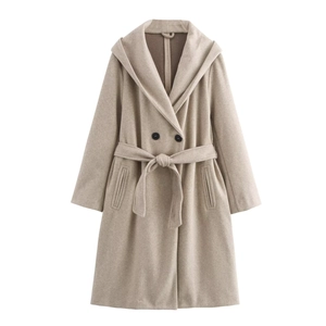 Classic oatmeal hooded wool coat for women with double-breasted buttons and waist belt