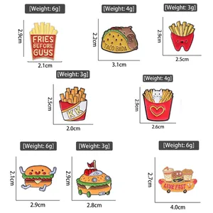 Cartoon fast food enamel pin set with hamburger and fries designs for clothes and bags
